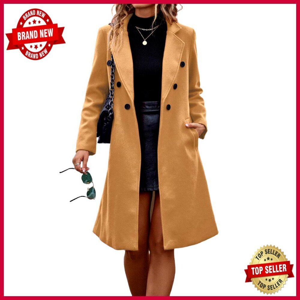 Knee Length Wool Pea Coat Double Breasted Trench Coat Women's Winter Jacket